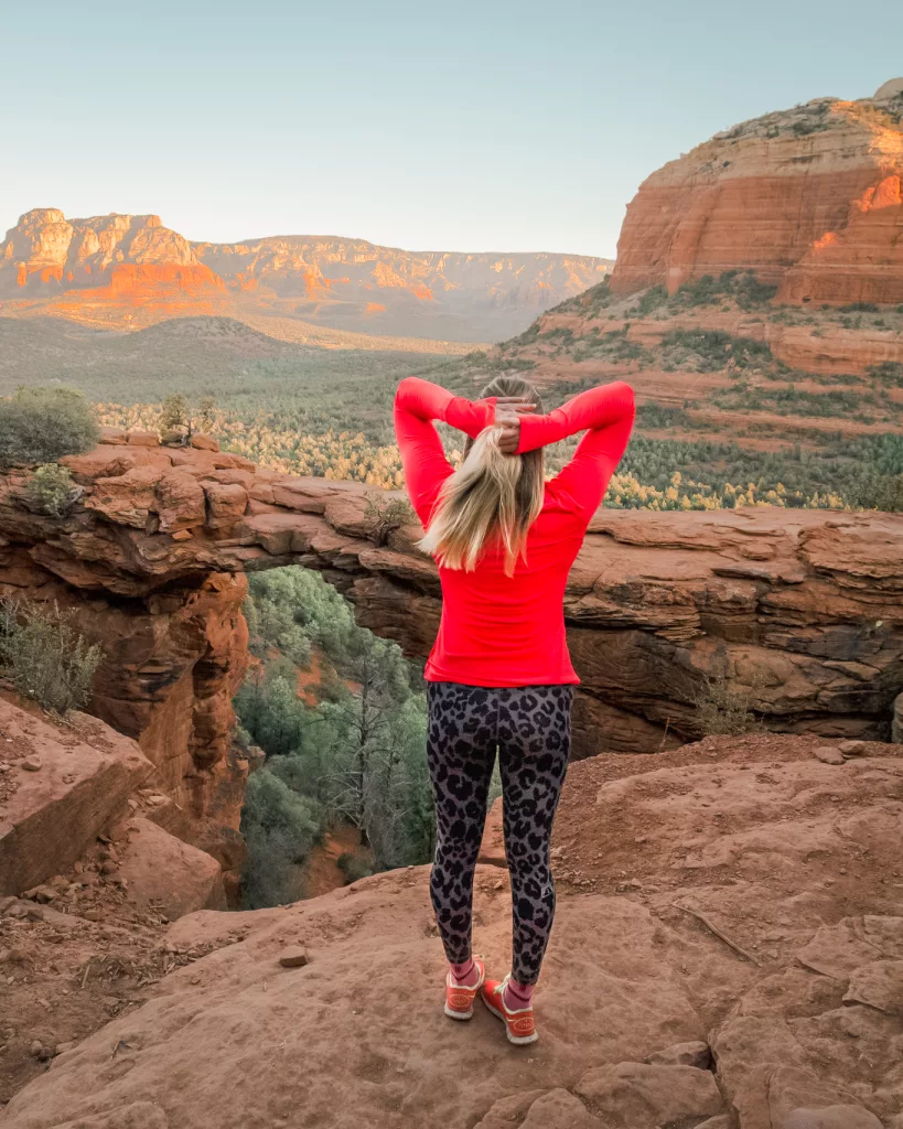 Erinn looks at Devil's Bridge in the foreground.